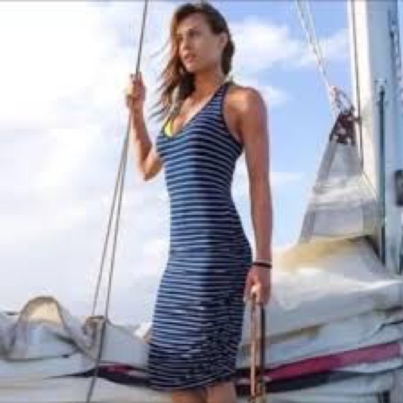 Athleta MT Ember Blue White Striped Midi Racerback Dress M Ruched Sides Stretch - Picture 1 of 9